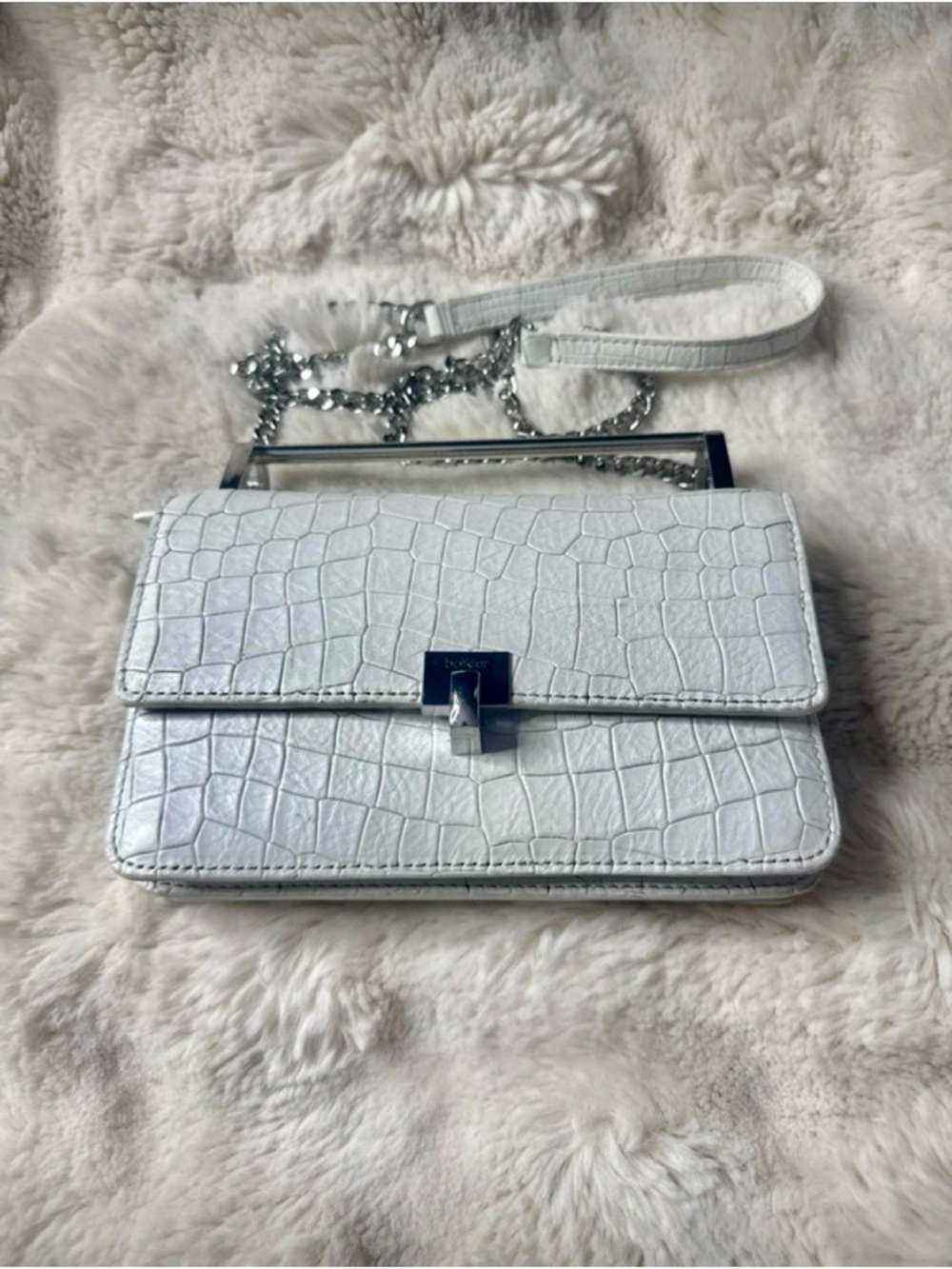 Botkier White Croc Embossed Convertible Crossbody Clutch Bag Silver Hardware